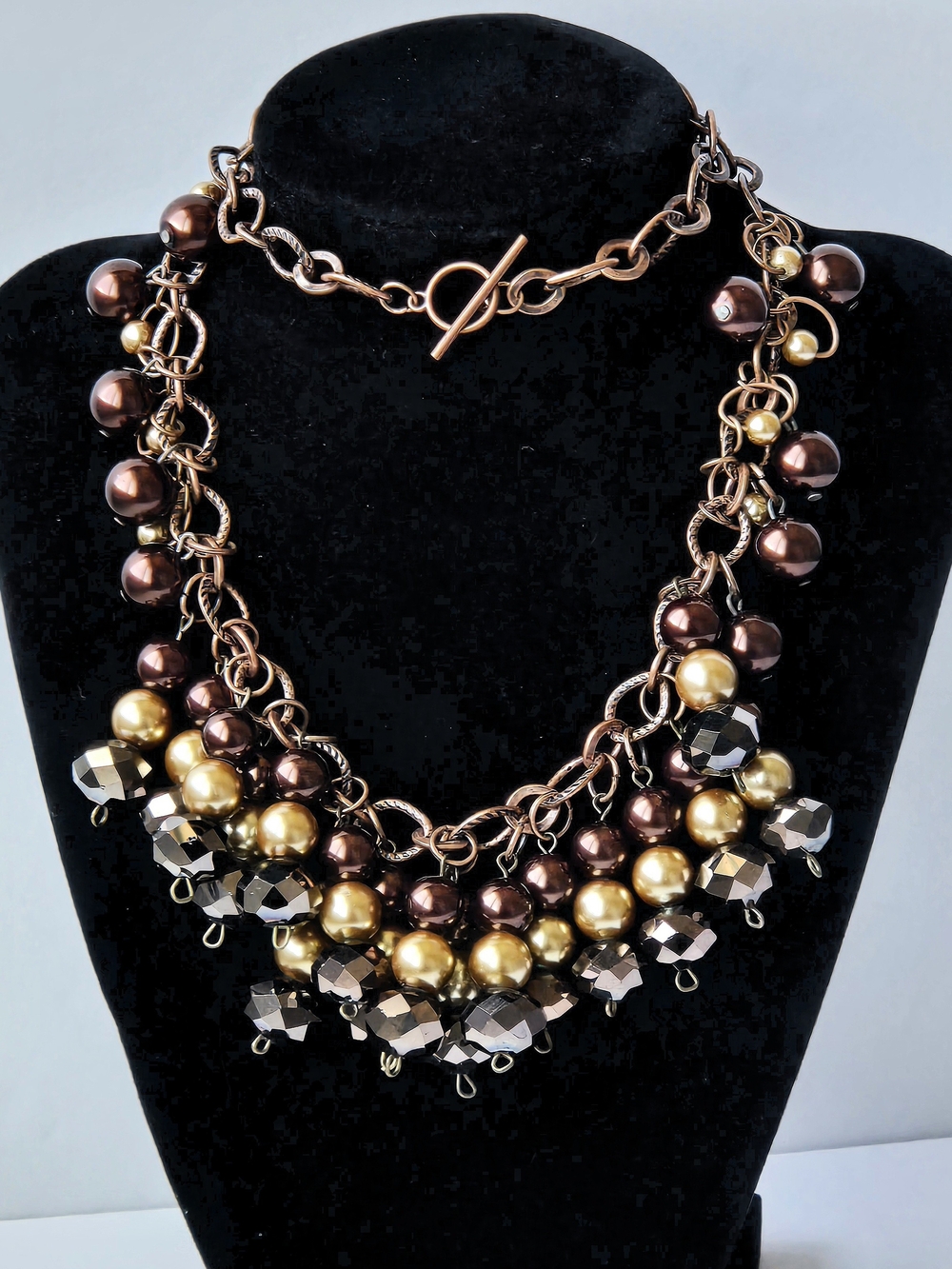 Handmade Copper Chainmaille Pearl & Smoky Quartz Cluster Bib Statement Necklace